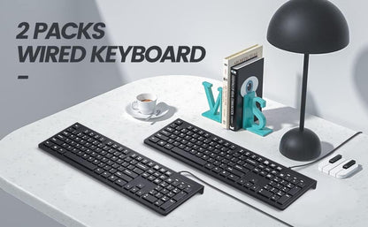 Computer Keyboard Wired, Plug Play USB Keyboard, Low Profile Chiclet Keys, Large Number Pad, Caps Indicators, Foldable Stands, Spill-Resistant, Anti-Wear Letters for PC Laptop (Black, 2-Pack)