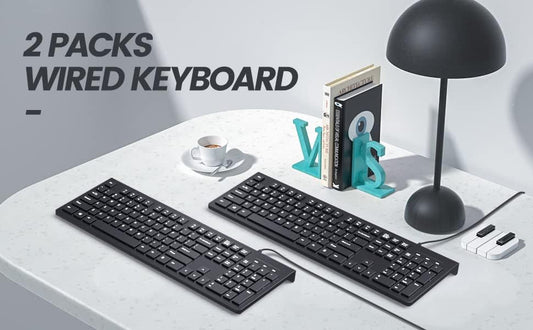 Computer Keyboard Wired, Plug Play USB Keyboard, Low Profile Chiclet Keys, Large Number Pad, Caps Indicators, Foldable Stands, Spill-Resistant, Anti-Wear Letters for PC Laptop (Black, 2-Pack)