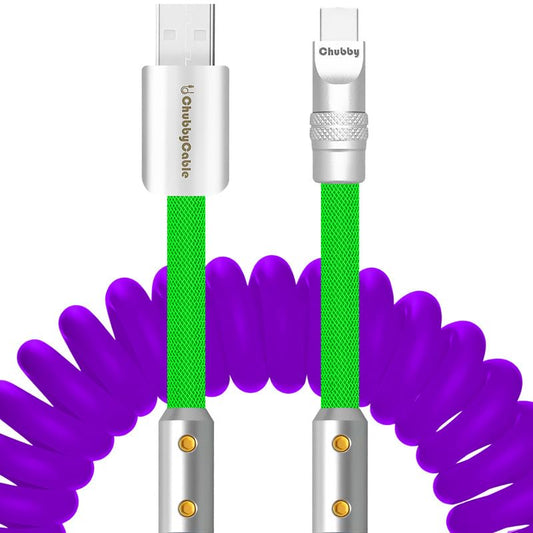 chubbycable Colorblock Chubby - Spring Braided Silicone Charge Cable Coiled USB C Cable Fast Charging Type C Charger Cord for Car, Purple+Light Green, USB-A to Type-C, 2.29FT-3.6FT