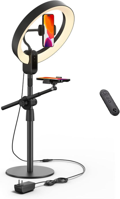 12" Ring Light with Stand and Phone Holder,Overhead Phone Stand,2 Phone Holders,2700-6500K,3 Color Modes,10 Brightness Levels,Remote Control,Adjustable,Live Stream,Tiktok/YouTube