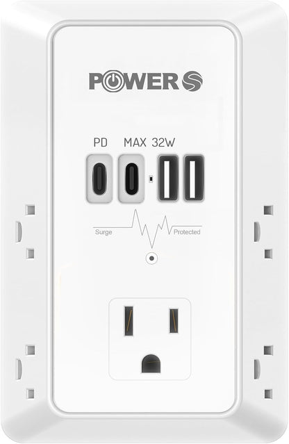 20W PD Fast Charging Wall Outlet with USB Ports (2C2A), Electrical Outlet Extender, Surge Protector, Wall Plug Adapter for Multiple Devices, Wall Socket Expander