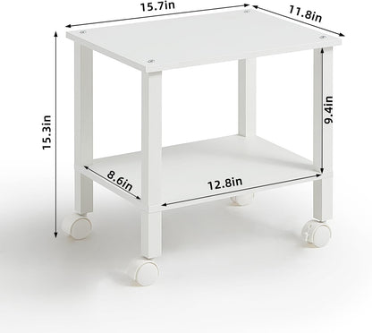 2 Tier Printer Stand with Storage,Under Desk Shelf Printer Table, Rolling Printer Cart for Office,Home,White