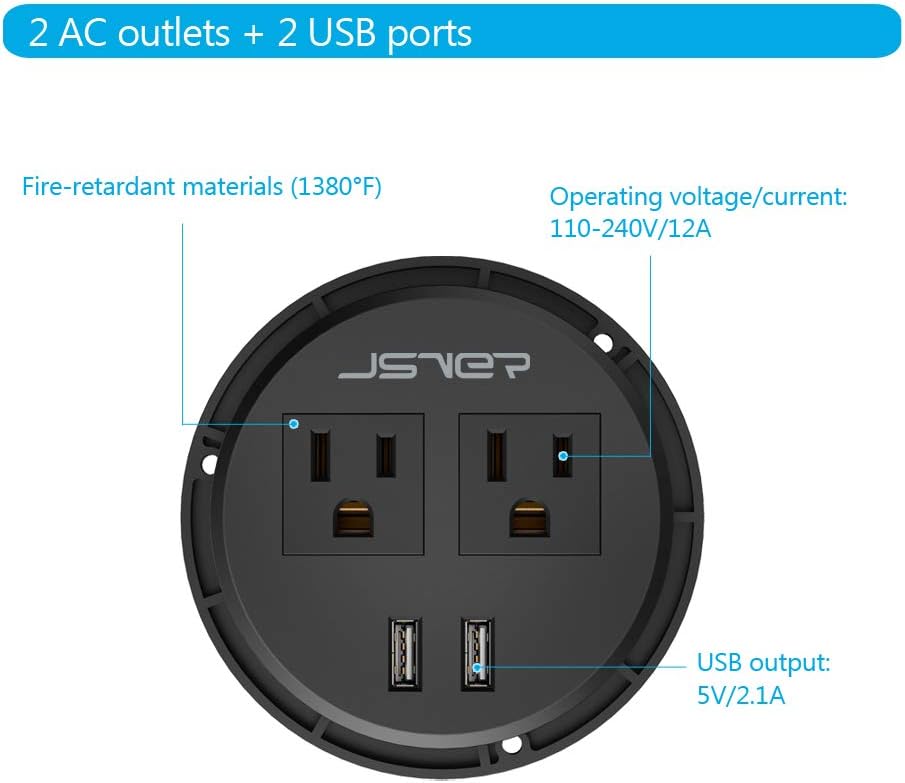 Desktop Power Grommet JSVER Mini Desktop Power Strip Hide Recessed Power Grommet Socket with 2 AC Outlets and 2 USB Charging Ports,Cable for a 3-1/8 Inch Desk Hole for Kitchen Table/Conference Room