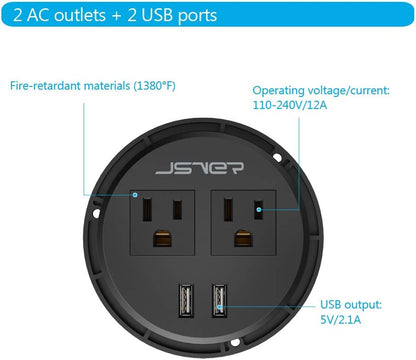 Desktop Power Grommet JSVER Mini Desktop Power Strip Hide Recessed Power Grommet Socket with 2 AC Outlets and 2 USB Charging Ports,Cable for a 3-1/8 Inch Desk Hole for Kitchen Table/Conference Room