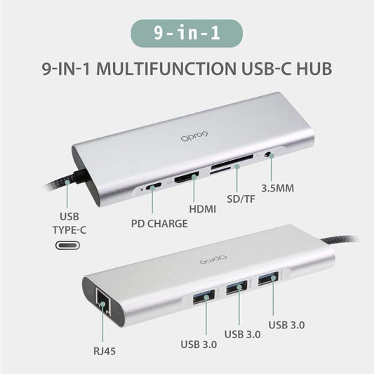 9-in-1 USB C Hub Multiple Adapter, 3 USB 3.0 Ports up to 5Gbps Transfer, 4K@30Hz HDMI, 60W PD, SD/TF Card Reader, 3.5mm Audio Jack & Ethernet, USB-C Hub for MacBook and Other Type-C Devices