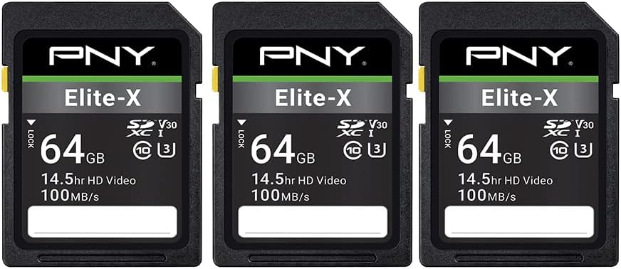 PNY 64GB Elite-X Class 10 U3 V30 SDXC Flash Memory Card - 100MB/s, Class 10, U3, V30, 4K UHD, Full HD, UHS-I, Full Size (Pack of 3)