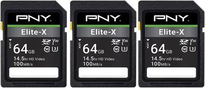 PNY 64GB Elite-X Class 10 U3 V30 SDXC Flash Memory Card - 100MB/s, Class 10, U3, V30, 4K UHD, Full HD, UHS-I, Full Size (Pack of 3)