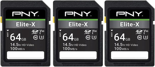 PNY 64GB Elite-X Class 10 U3 V30 SDXC Flash Memory Card - 100MB/s, Class 10, U3, V30, 4K UHD, Full HD, UHS-I, Full Size (Pack of 3)
