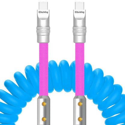 chubbycable Colorblock Chubby - Spring Braided Silicone Charge Cable Coiled USB C Cable Fast Charging Type C Charger Cord for Car, Blue+Pink, Type-C to Type-C, 2.29FT-3.6FT