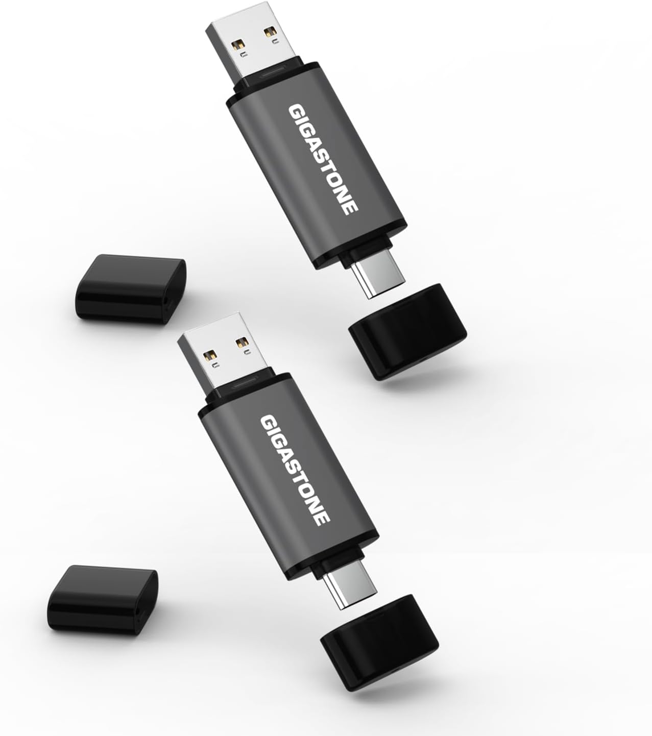 GIGASTONE 128GB Dual Flash Drive (2 Pack) Z40 USB 3.2 Gen 1, 2-in-1 Type-A & Type-C, 100MB/s Ultra Fast, Head Cap Design, Plug & Play for Smartphone/PC/Mac/TV/Car Audio, USB 2.0/3.0/3.1 Compatible