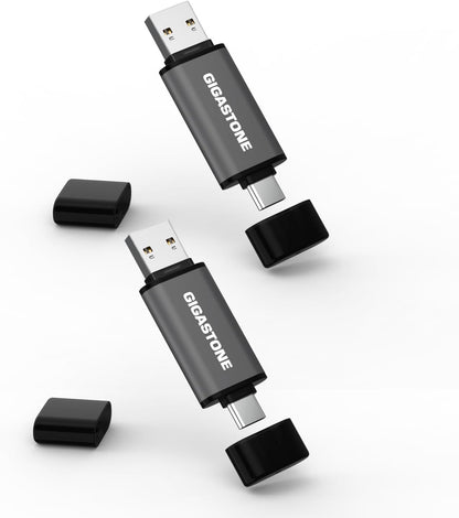 GIGASTONE 128GB Dual Flash Drive (2 Pack) Z40 USB 3.2 Gen 1, 2-in-1 Type-A & Type-C, 100MB/s Ultra Fast, Head Cap Design, Plug & Play for Smartphone/PC/Mac/TV/Car Audio, USB 2.0/3.0/3.1 Compatible