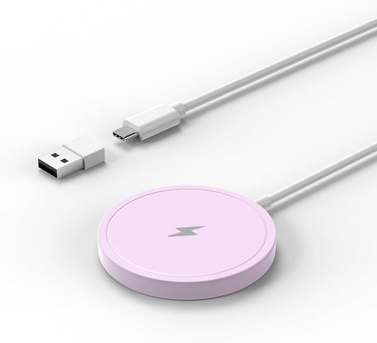 Wireless Charger, 15W Max Fast Magnetic Wireless Charging Pad Compatible with iPhone 16/15/14/13/12 with USB-A Converter Purple