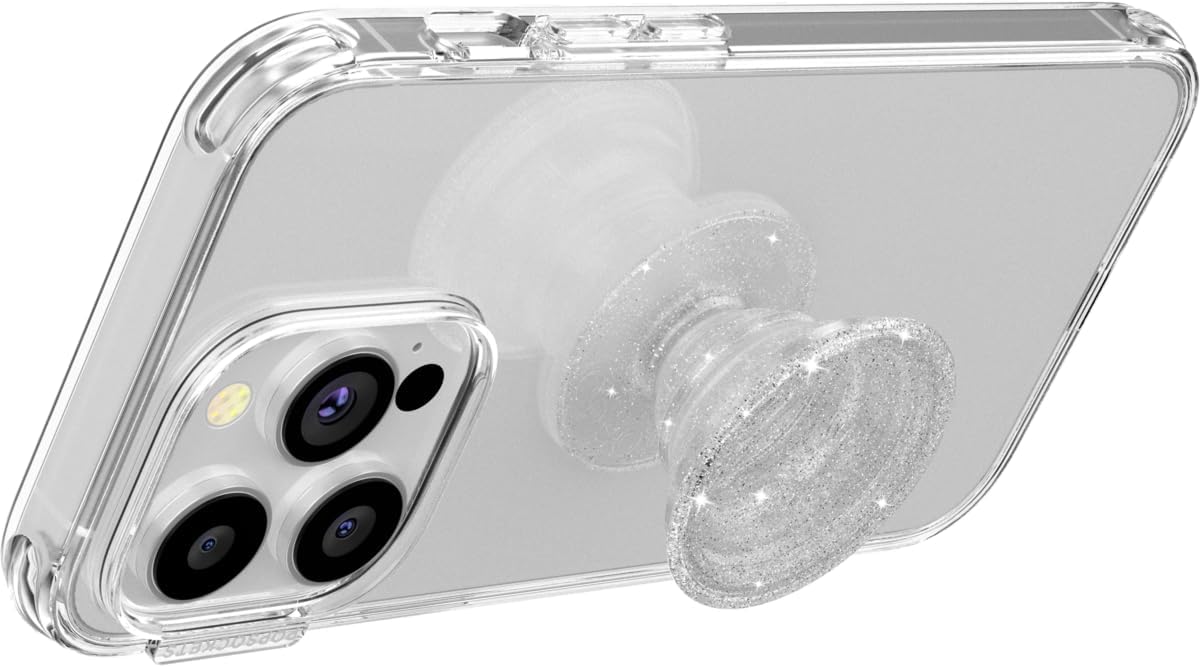 PopSockets Translucent Phone Grip with Expanding Kickstand, PopSockets for Phone, Adhesive Grip, Translucent PopGrip - Clear Glitter Silver