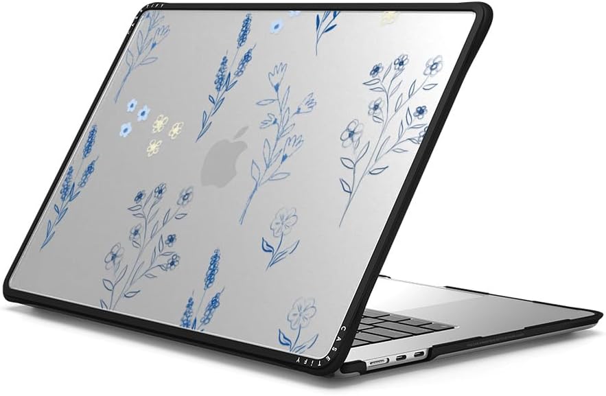 CASETiFY Impact MacBook Air 15" (M2-M4) Case [Cushioned Impact Corners/Scratch-Resistant/Anti-Slip Grip] - Small Blue Flowers - Clear Black