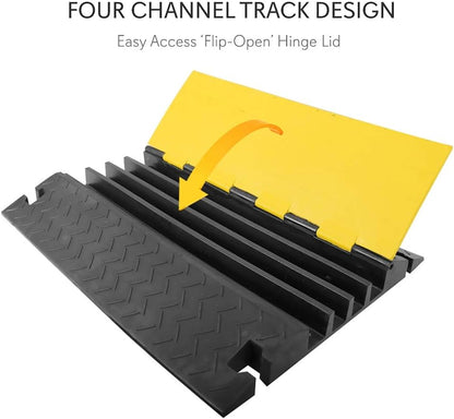 Pyle Hose & Cable Protection Ramp - Extra Heavy Duty Four Channel Extra Large Opening for Water Hose Car Truck Pedestrian Ramp Supports 55000 Lbs, Flip-Open Cover, 31.5” x 23.2” x 3.14” PCBLCO108