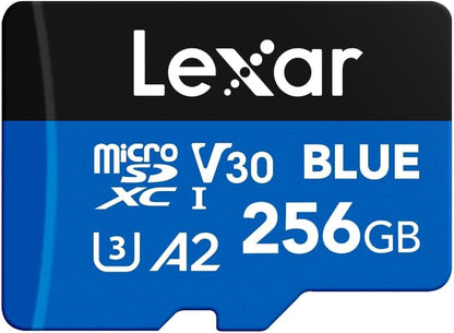 Lexar 256GB Blue Micro SD Card Up to 160MB/s, microSDXC UHS-I Memory Card with SD Adapter, C10, U3, A2, V30, Full HD, 4K UHD, High Speed TF Card