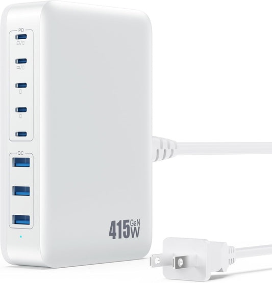 USB C Charger 415W USB C Charger Block, 8-Ports GaN IV Fast Charging Station Hub, Dual PD 100W Laptop Charger Adapter,for MacBook Pro/Air/iPad/iPhone16/15/14/Apple Watch/DELL/Samsung for Home Office