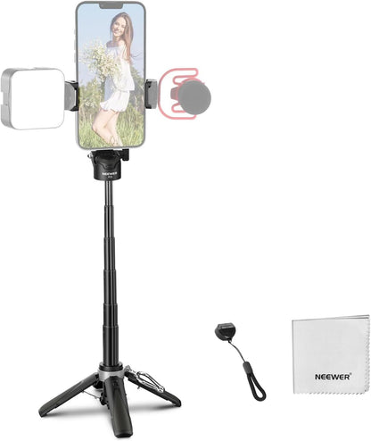 NEEWER Selfie Stick Tripod for iPhone, Lightweight Foldable Mini Travel 360° Desk Stand with Cell Phone Holder Cold Shoe for Video Recording Vlog Streaming, Remote Shutter & Cleaning Cloth, P15 Black