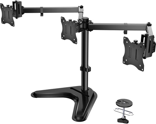 WALI Free Standing Triple Monitor Mount, Heavy Duty Triple Monitors Stand for 13-27 inch Screens, Adjustable 3 Monitor Arm Desk Mount with Swivel, Tilt, Rotation, Grommet Base (MF003N), Black