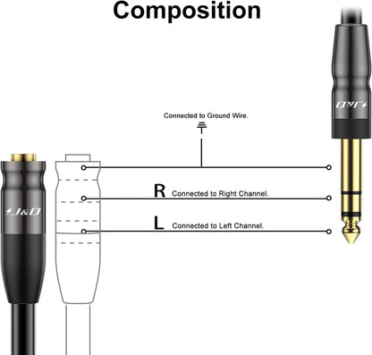 J&D 1/4 inch to 3.5mm Headphone Adapter, Heavy Duty Copper Shell Connecter Joint 3.5mm 1/8 inch Female TRS to 6.35mm Male TRS Stereo Audio Extension Cable (1 Feet)