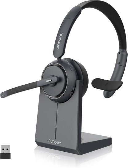 NUROUM HP31S(2nd Gen) Single Ear Wireless Headset with Mic, Bluetooth Headset with Noise Cancelling Microphones, Charging Stand, One Ear, Multi-Point/Mute, 45H Playback for Trucker/Call Center/Office