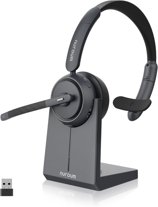 NUROUM HP31S(2nd Gen) Single Ear Wireless Headset with Mic, Bluetooth Headset with Noise Cancelling Microphones, Charging Stand, One Ear, Multi-Point/Mute, 45H Playback for Trucker/Call Center/Office