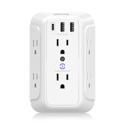 Wall Charger, Surge Protector, 6 Outlet Extender with 3 USB Charging Ports (1 USB C, 3.4A) 900J Wall Mount Power Strip Multi Plug Outlets for Home Travel Office ETL Listed