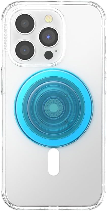 PopSockets Phone Grip for MagSafe with Kickstand, Magnetic Stand, Swappable Top, Secure Hold for iPhone MagSafe Cases, Phone & Tablet Grip - Electric Blue Translucent