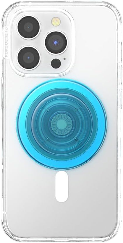 PopSockets Phone Grip for MagSafe with Kickstand, Magnetic Stand, Swappable Top, Secure Hold for iPhone MagSafe Cases, Phone & Tablet Grip - Electric Blue Translucent