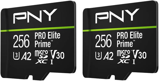 PNY 256GB PRO Elite Prime™ C10 U3 V30 A2 microSDXC Flash Memory Card – Ultra-Fast Speeds, Read 200MB/s, Write 150MB/s, 4K UHD, Full HD, UHS-I, for Smartphones, Drones, Action Cameras, 2-Pack