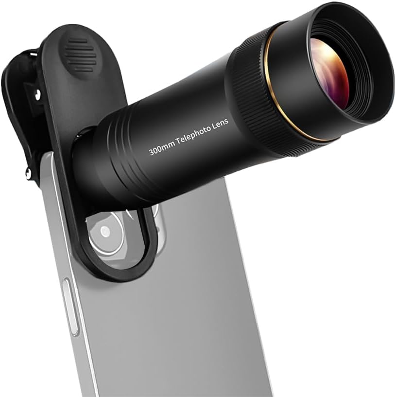 Andoer 300MM Phone Telephoto Lens for Smarphone Zoom Lens 10X with Universal Lens Clip Cleaning Cloth Storage Bag for Hiking Camping Wildlife Observation Moon Sports Game Concert Watching