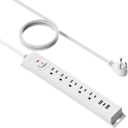 15 Ft Power Strip Surge Protector with USB Ports, Flat Plug Extension Cord, 5 AC Outlets and 3 USB Charging Ports, Wall Mountable, ETL Listed – White for Home, Office, Dorm