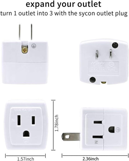 SYCON Adapter Outlet Extender, 2-Prong to 3-Prong Mini Wall Plug, Multi Outlet Splitter with 3 Outlets