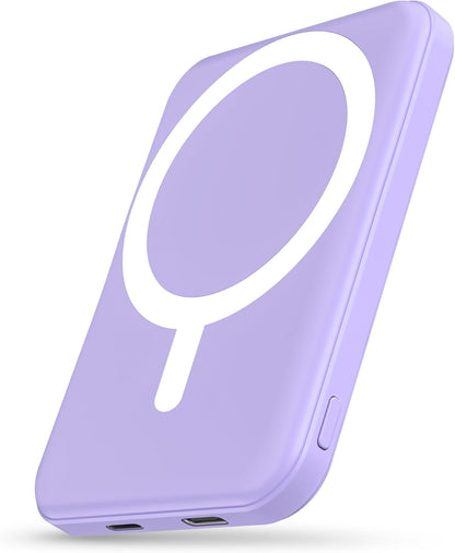 podoru for Magsafe Battery Pack, 5000mAh Magnetic Power Bank with Type-C Cable 20W PD Fast Charging Lighting Input Wireless Portable Charger for iPhone iPhone 16/15/14/13/12/ All Series-Purple