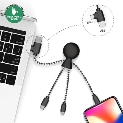 Mr Bio 4 in 1 Multi USB Cable Octopus Design Black - Universal Recycled Plastic Charger - USB Plug - USB-C - Lightning - Micro USB for Universal Smartphone
