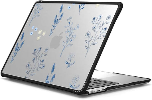 CASETiFY Impact MacBook Air 13.6" (M2-M4) Case [Cushioned Impact Corners/Scratch-Resistant/Anti-Slip Grip] - Small Blue Flowers - Clear Black