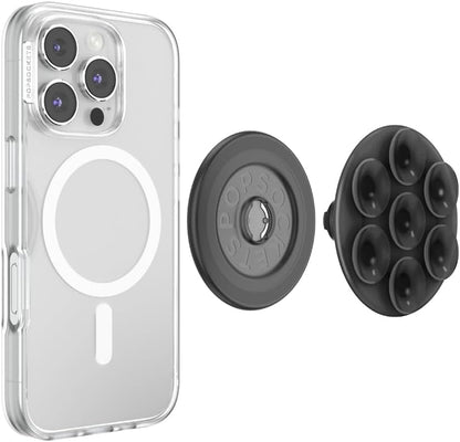 PopSockets Suck-Up™ Suction Grip & Stand, 3-in-1 MagSafe Phone Mount for iPhone, Strong Hold on Mirrors & Glass, Swappable Top, Portable & Reusable - Translucent Black