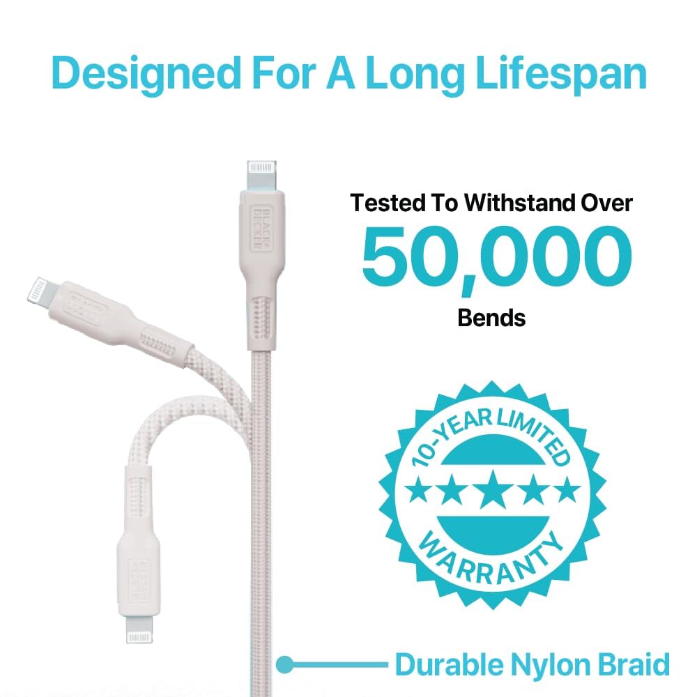 BLACK+DECKER Lightning to USB Cable - Fast Compatible iPhone Lightning Cable - Durable Braided iPhone Charger Cord - for Travel and Daily Use - Multiple Color + Length Options - 9ft