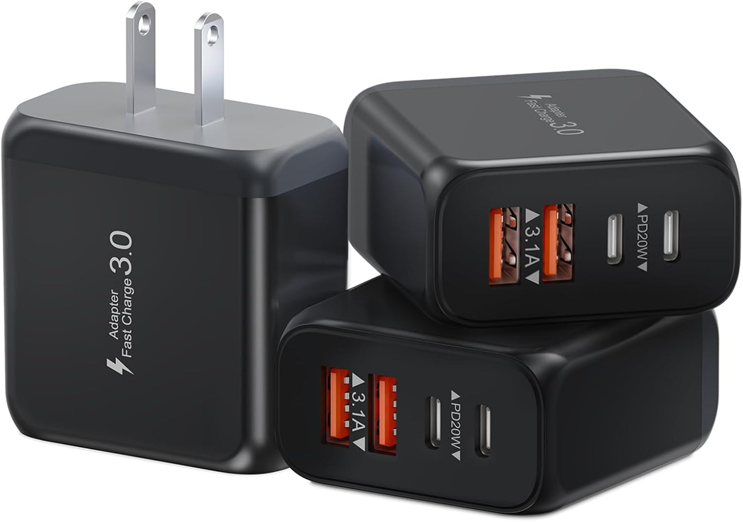 40W USB C Charger Block, 3 Pack 4-Ports Type C Fast Charging Cubes PD USBC Wall Plug+QC 3.0 USB A, Multiple USB C Charger for iPhone 16/15/14/13/12/11 Pro Max/XS, Samsung Galaxy, iPad, Tablet, Pixel