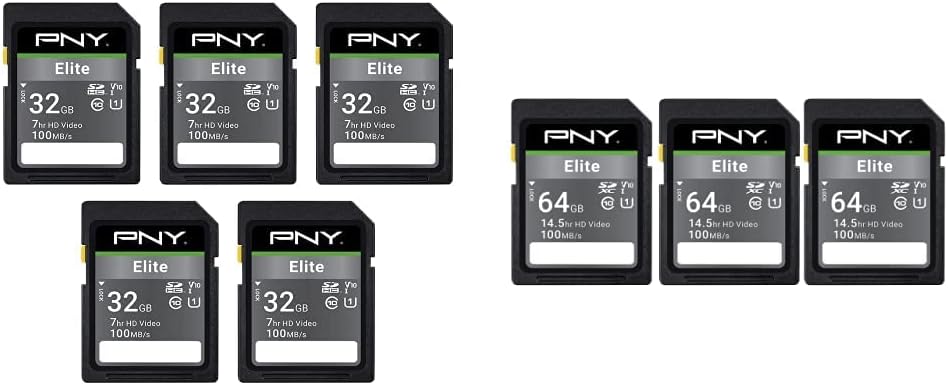 PNY 32GB & 64GB Elite Class 10 U1 V10 SDHC & SDXC Flash Memory Card Bundle - 100MB/s Read Speed