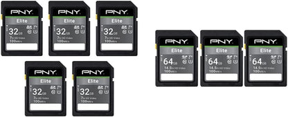 PNY 32GB & 64GB Elite Class 10 U1 V10 SDHC & SDXC Flash Memory Card Bundle - 100MB/s Read Speed