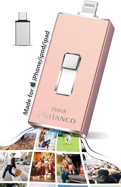Photo Stick Apple MFi Certified for iPhone 256GB, USB Flash Drive for iPhone Thumb Drive, iPhone-Memory-Stick for iPad/iPhone/Computer Picture Keeper Portable Hard Drive Pink