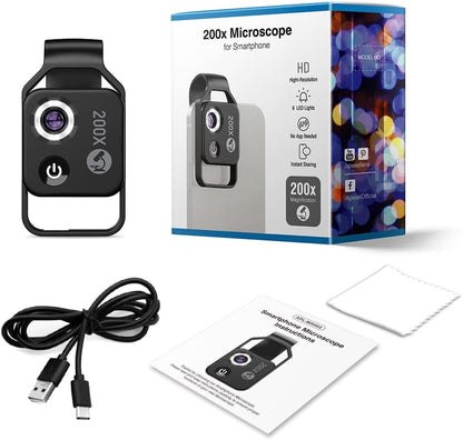 200X Magnification Microscope Lens withCPL Mobile LED Light Micro Pocket Macro Lenses for iPhone Samsung All Smartphones (Black Without CPL)