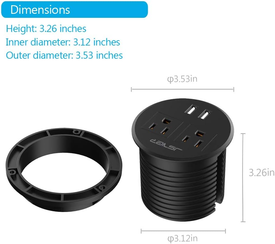 Desktop Power Grommet JSVER Mini Desktop Power Strip Hide Recessed Power Grommet Socket with 2 AC Outlets and 2 USB Charging Ports,Cable for a 3-1/8 Inch Desk Hole for Kitchen Table/Conference Room