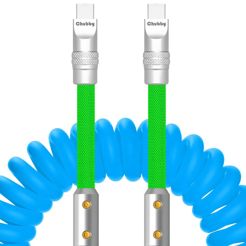 ChubbyCable Colorblock Chubby - Spring Braided USB-C Cable, Coiled, Fast Charging, Type-C to Type-C, 2.29FT-3.6FT, Blue+Green