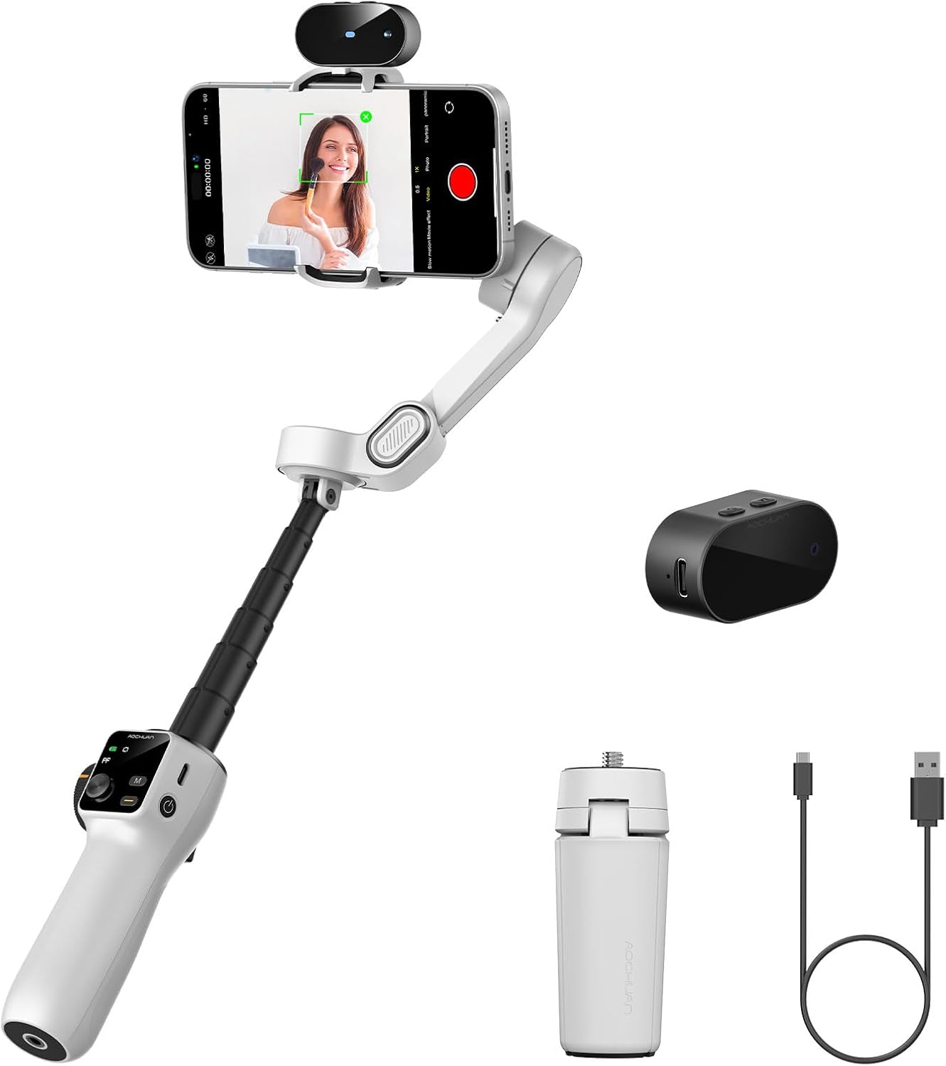 Gimbal Stabilizer for Video Recording, Smartphone 3-Axis Smartphone Gimbal with AI Tracking Sensor for Vlogging,7.8' Extension Rod,Trigger Button,YouTube Tiktolk(Smart V8 AI White)