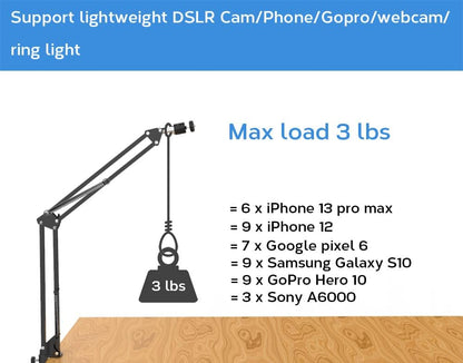 Overhead Tripod Mount for Camera Webcam Ring Light, Flexible Over Head Arm for iPhone with Phone Holder and Ball Head, Table Stand Accessory for Phone Video Recording Live Stream