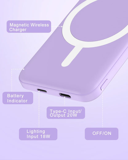 podoru for Magsafe Battery Pack, 5000mAh Magnetic Power Bank with Type-C Cable 20W PD Fast Charging Lighting Input Wireless Portable Charger for iPhone iPhone 16/15/14/13/12/ All Series-Purple