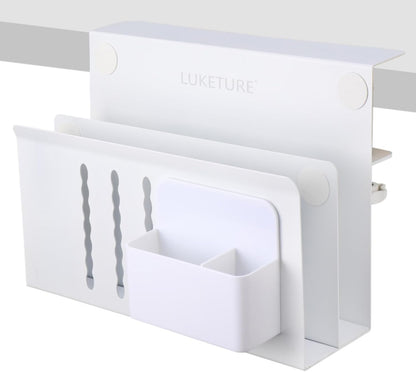 LUKETURE Laptop Holder, Steel Desk Side Storage, No Drill Standing Desk Accessories, Clamp on Laptop Mount with Pen Holder, Fits Flat Edge Tables 0.3" to 2.8" (White, L(2 Tier))