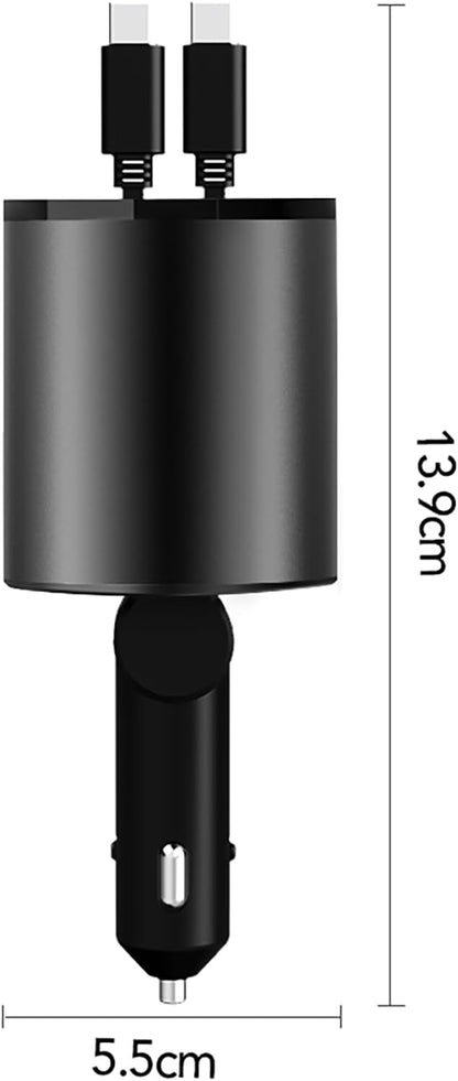 Retractable Car Charger, 4 in 1 Super Fast Car Phone Charger 60W, 2 Retractable Cables and 2 USB Ports Car Charger Adapter,Compatible with iPhone 16/15/14/13/12/11,Air-Pods 4,Galaxy,Pixel